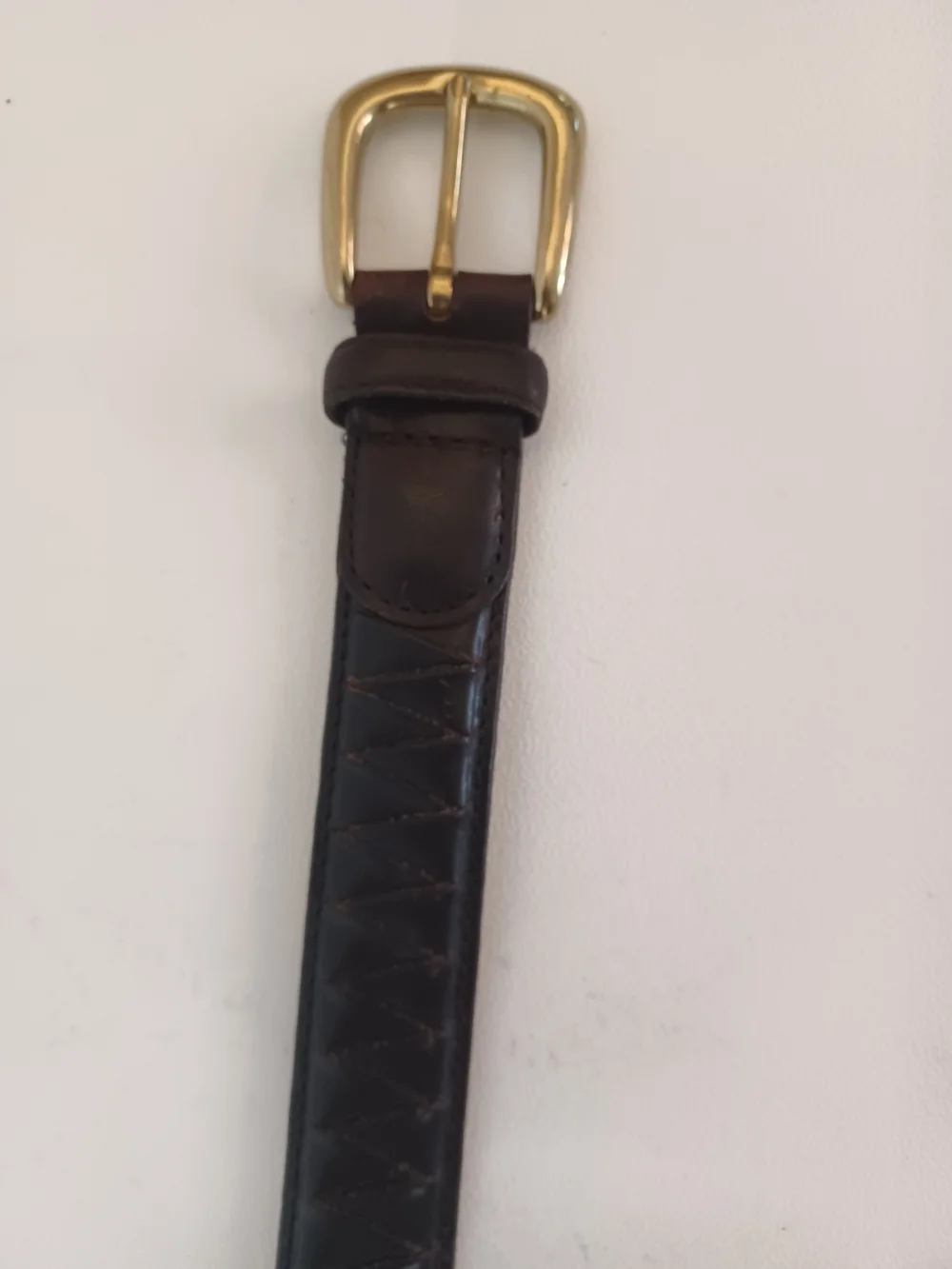 Vintage Brown Leather Belt Chevron Woven Panel Solid Brass Buckle Size 38